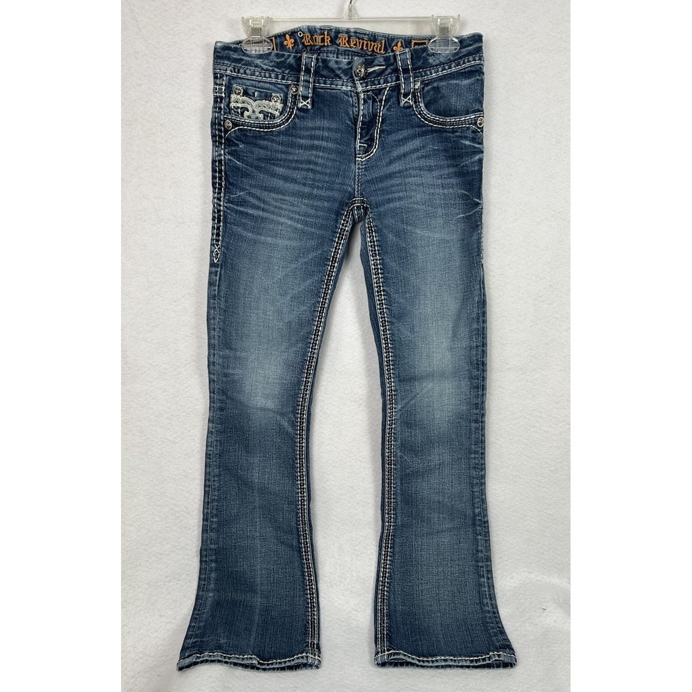 Rock Revival Tess Boot Cut Low Rise Jeans 27 Blue Thick Stitch Denim Embroidered